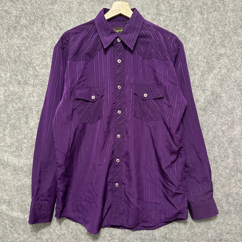 Liquid Western‎ Shirt Mens Large Purple Striped Pearl Snap Long Sleeve Yoke